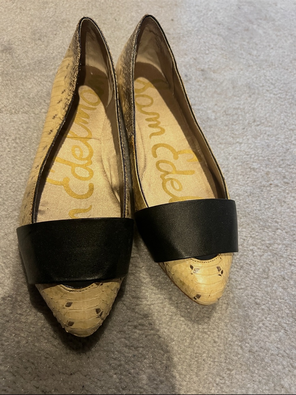 Sam Edelman Two-Tone Pointed Toe Flats in Beige Snake Print & Black Strap
